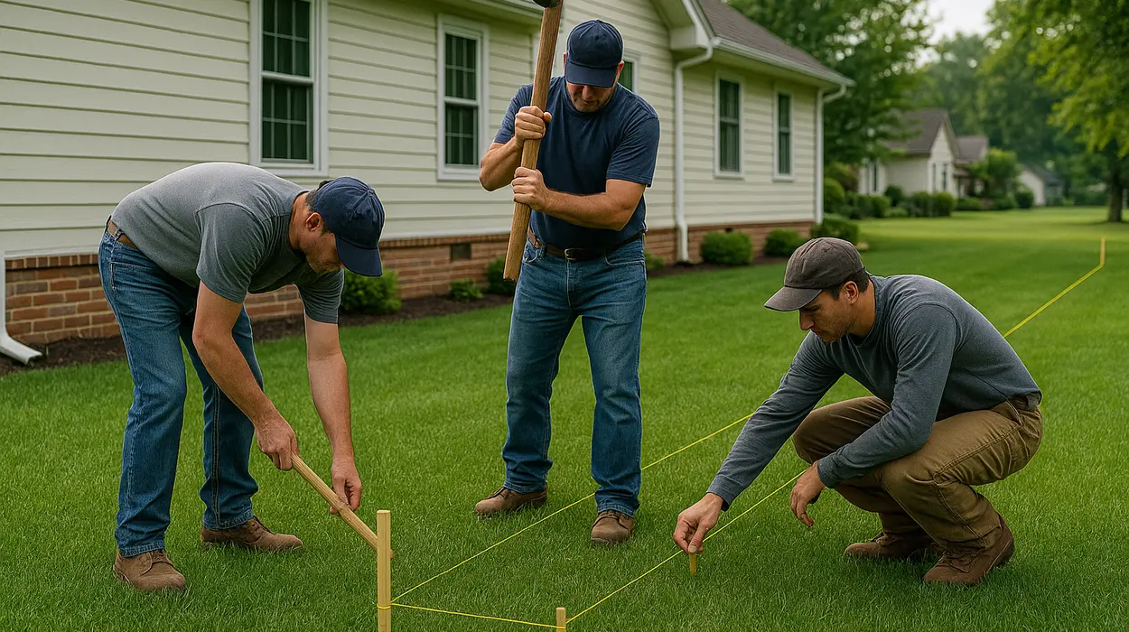 3 workers marking where to dig a french drain ditch from Dallas French Drain Installation in Dallas, TX - exterior french drain