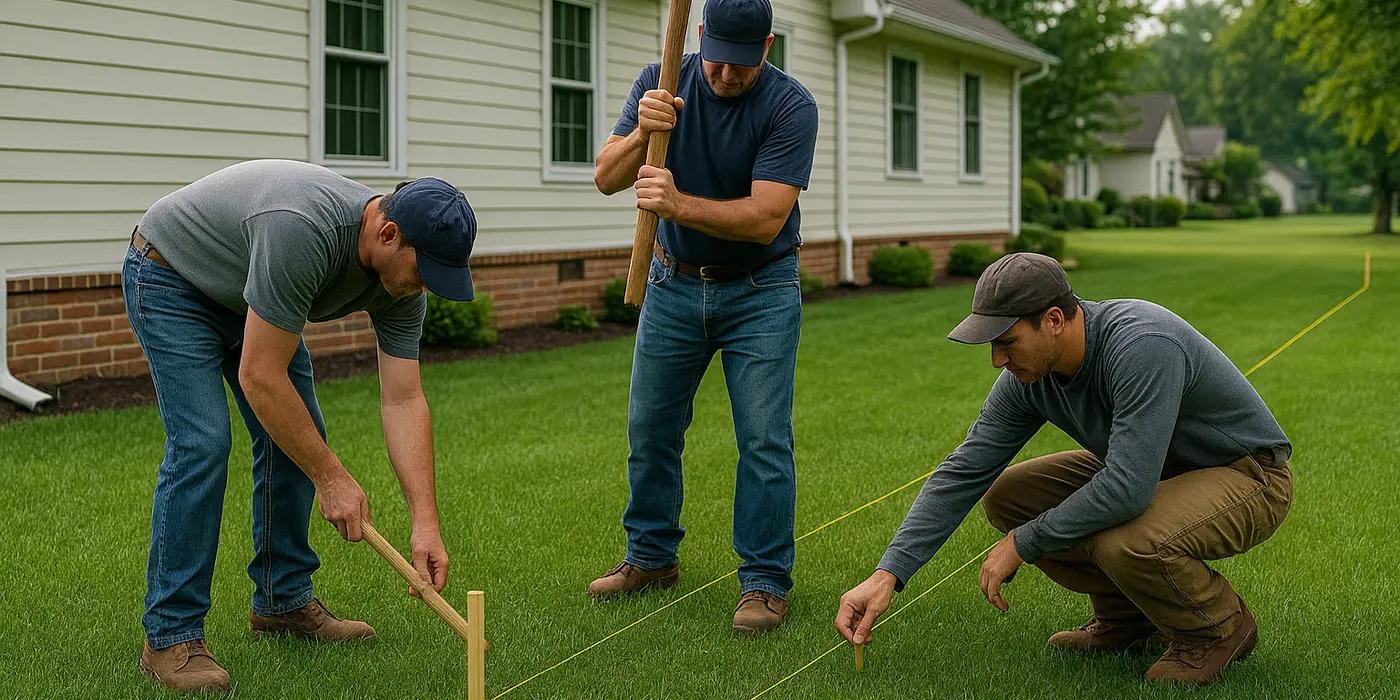 3 workers marking where to dig a french drain ditch from Dallas French Drain Installation in Dallas, TX - exterior french drain