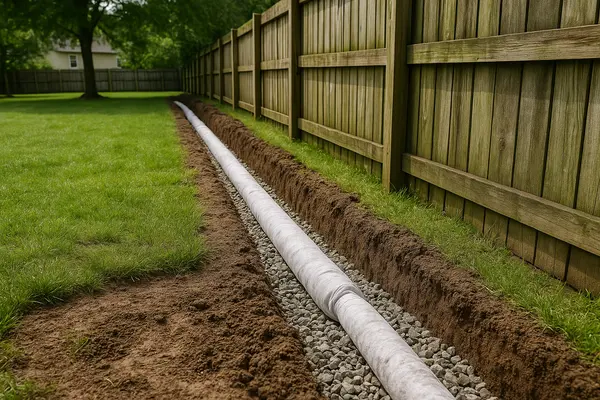 a pipe line laid on a large ditch from Dallas French Drain Installation in Dallas, TX - exterior french drain