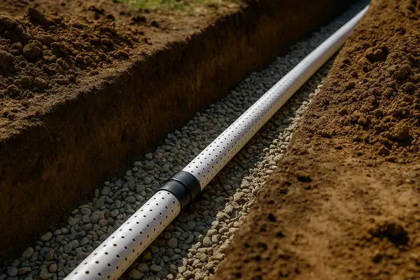 a perforated pipe inside a ditch for a french drain project from Dallas French Drain Installation in Dallas, TX - exterior french drain