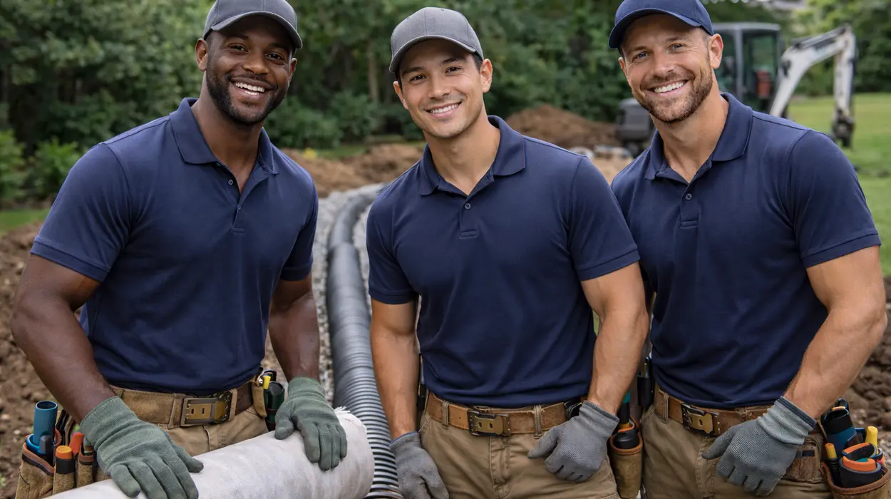 3 workers smiling at the camera from Dallas French Drain Installation in Dallas, TX - foundation french drain