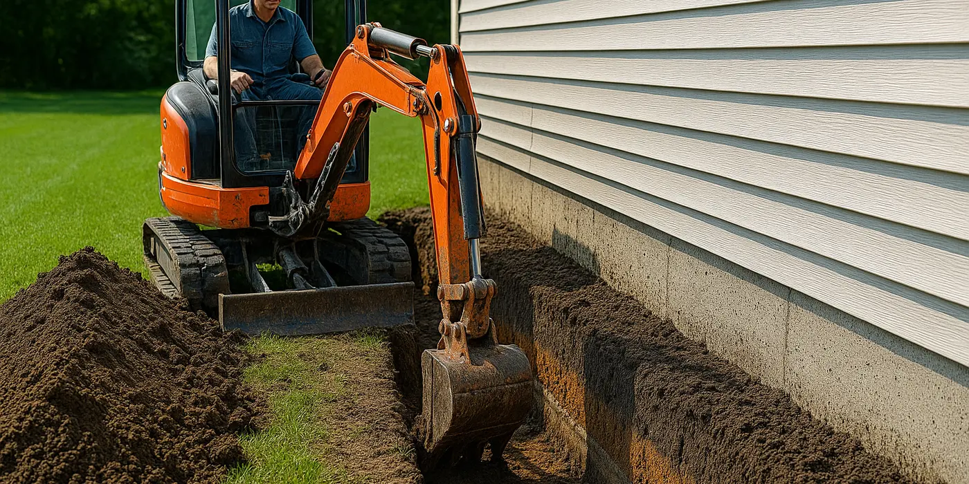 a worker with an excavator digging a ditch from Dallas French Drain Installation in Dallas, TX - french drain backyard