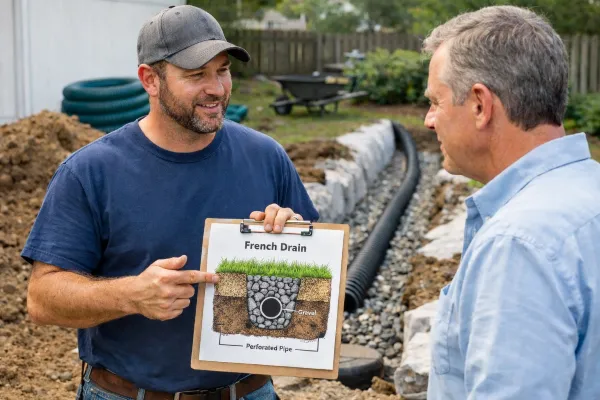 a french drain contractor talking to a customer from Dallas French Drain Installation in Dallas, TX - french drain backyard