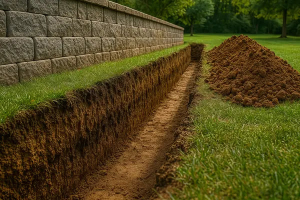 a ditch next to a retaining wall from Dallas French Drain Installation in Dallas, TX - french drain backyard