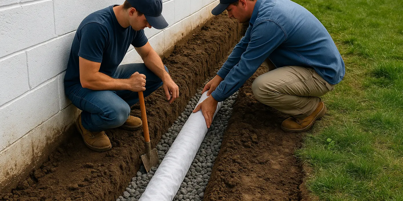 2 workers laying a pipe on a french drain ditch from Dallas French Drain Installation in Dallas, TX - french drain contractor 2 workers laying a pipe on a french drain ditch from Dallas French Drain Installation in Dallas, TX - french drain contractor