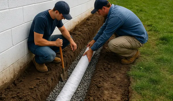 2 workers laying a pipe on a french drain ditch from Dallas French Drain Installation in Dallas, TX - french drain contractor