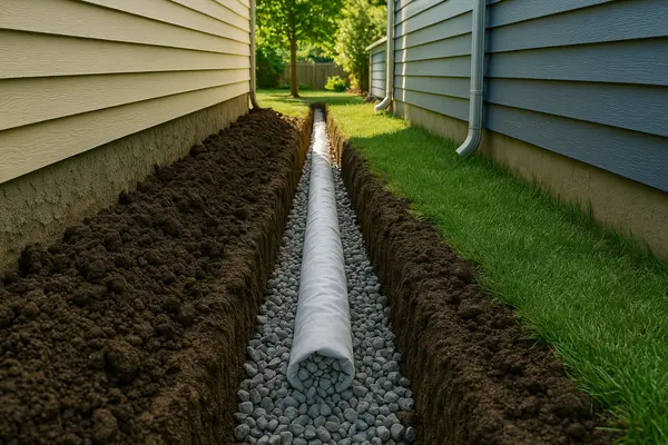 a pipe laying on gravel in a ditch from Dallas French Drain Installation in Dallas, TX - french drain contractor a pipe laying on gravel in a ditch from Dallas French Drain Installation in Dallas, TX - french drain contractor