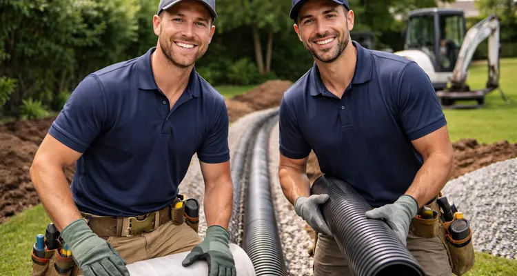 2 french drain contractors smiling at the camera from Dallas French Drain Installation in Dallas, TX - french drain in crawl space