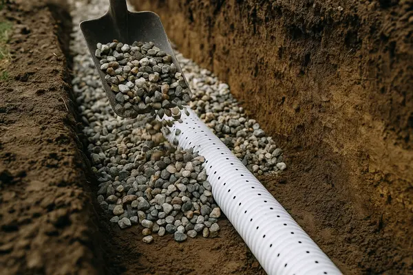 a shovel pouring gravel in a ditch to cover a pipe from Dallas French Drain Installation in Dallas, TX - french drain in crawl space a shovel pouring gravel in a ditch to cover a pipe from Dallas French Drain Installation in Dallas, TX - french drain in crawl space
