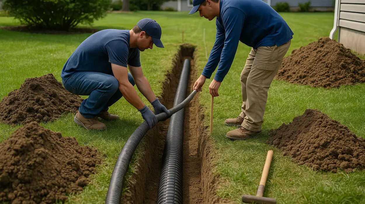 2 contractors laying pipes for a new french drain from Dallas French Drain Installation in Dallas, TX 