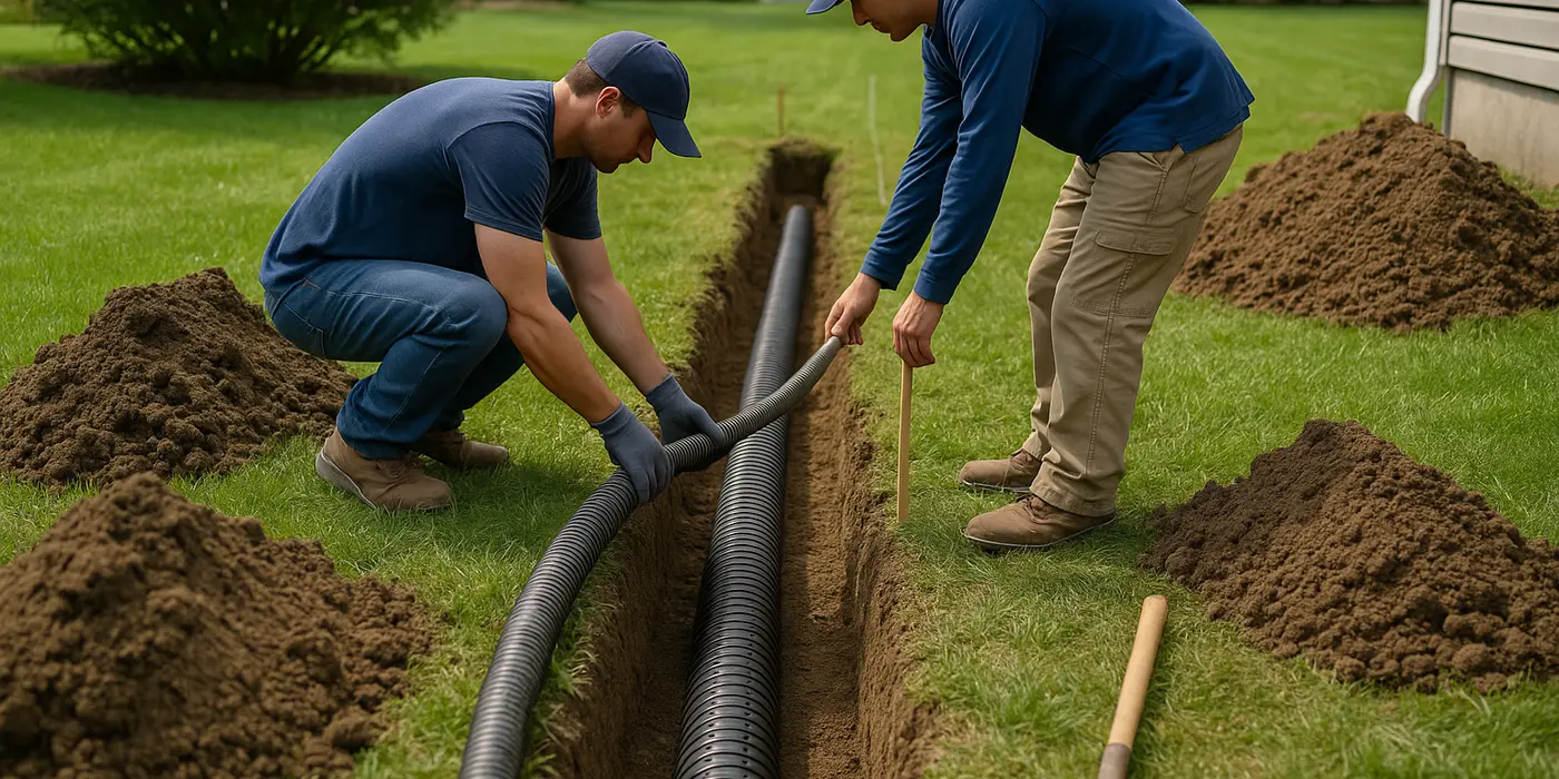 2 contractors laying pipes for a new french drain from Dallas French Drain Installation in Dallas, TX - french-drain-installation 2 contractors laying pipes for a new french drain from Dallas French Drain Installation in Dallas, TX