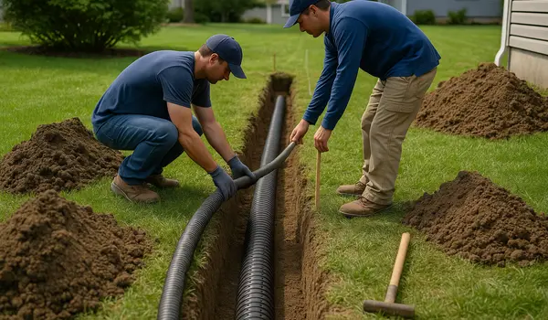 2 contractors laying pipes for a new french drain from Dallas French Drain Installation in Dallas, TX 