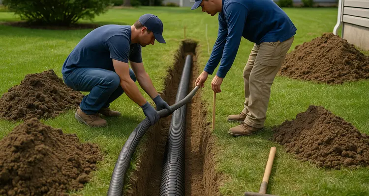 2 contractors laying pipes for a new french drain from Dallas French Drain Installation in Dallas, TX 