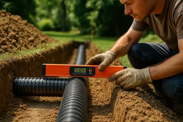 a contractor leveling a french drain pipe from Dallas French Drain Installation in Dallas, TX a contractor leveling a french drain pipe from Dallas French Drain Installation in Dallas, TX