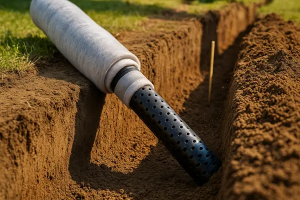a french drain pipe in a dirt ditch from Dallas French Drain Installation in Dallas, TX a french drain pipe in a dirt ditch from Dallas French Drain Installation in Dallas, TX