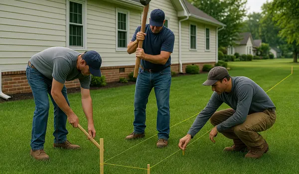 3 workers marking where to dig a french drain ditch from Dallas French Drain Installation in Frisco, TX - frisco TX