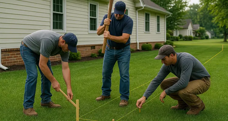 3 workers marking where to dig a french drain ditch from Dallas French Drain Installation in Frisco, TX - frisco TX