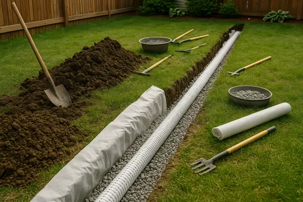 a pipe in a french drain ditch with some tools laying arround from Dallas French Drain Installation in Garland, TX - Garland TX
