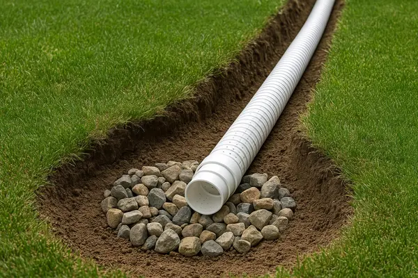 a large pipe in a ditch from Dallas French Drain Installation in Dallas, TX - gravel french drain a large pipe in a ditch from Dallas French Drain Installation in Dallas, TX - gravel french drain