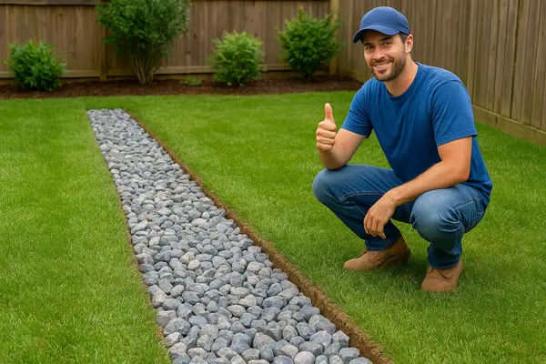 a french drain contractor smiling and giving a thumbs up from Dallas French Drain Installation in Dallas, TX - gravel french drain a french drain contractor smiling and giving a thumbs up from Dallas French Drain Installation in Dallas, TX - gravel french drain