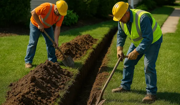 2 workers digging a ditch from Dallas French Drain Installation in Dallas, TX - interior french drain