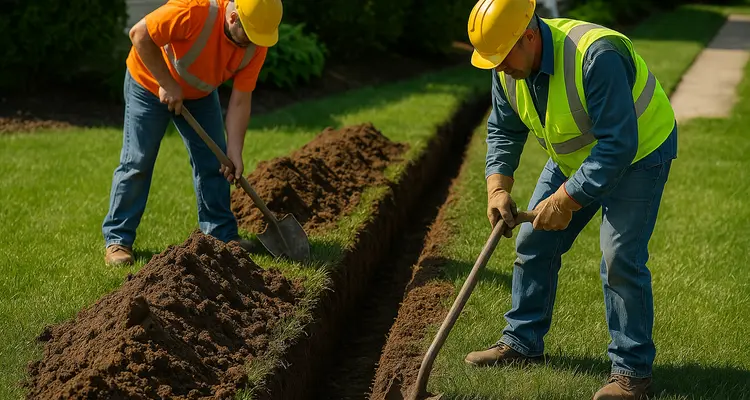 2 workers digging a ditch from Dallas French Drain Installation in Dallas, TX - interior french drain