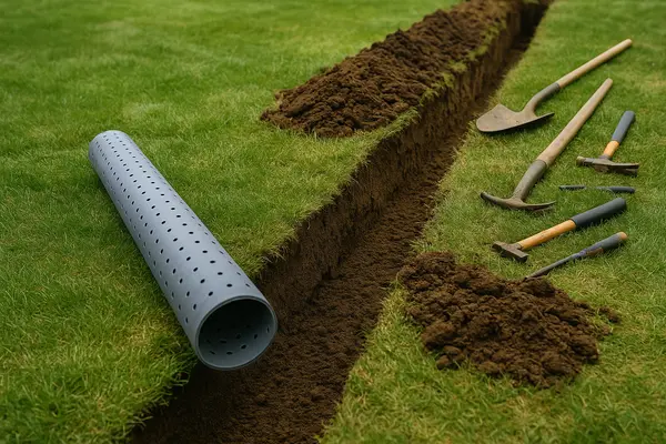a ditch with a pipe and some tools laying around from Dallas French Drain Installation in Dallas, TX - interior french drain