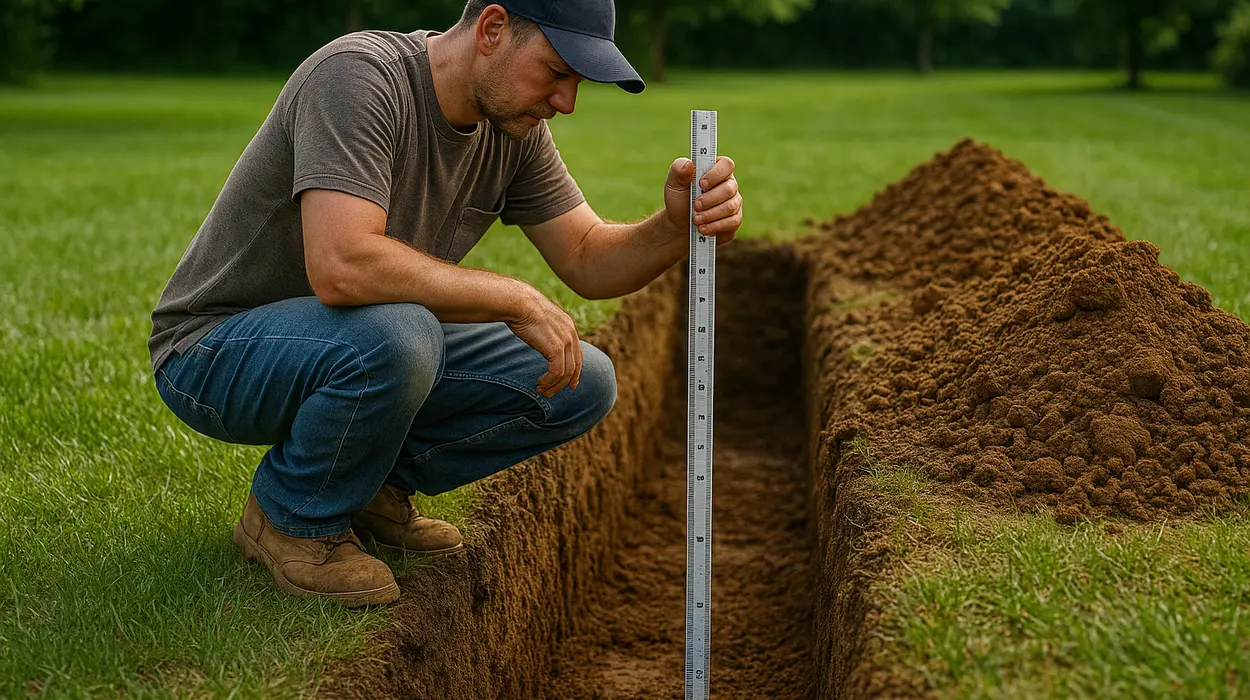 a french drain contractor measuring the depht of a ditch from Dallas French Drain Installation in Irving, TX - Irving TX