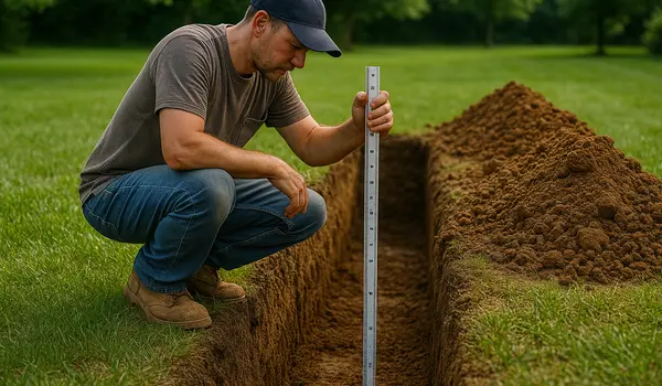 a french drain contractor measuring the depht of a ditch from Dallas French Drain Installation in Dallas, TX - laying a french drain