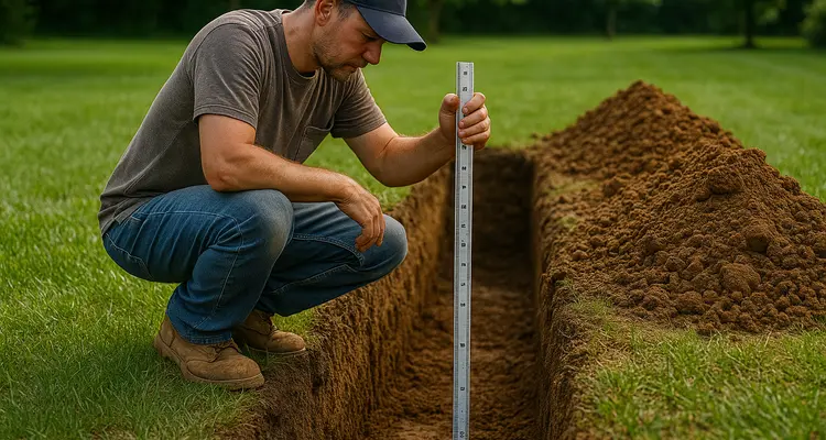 a french drain contractor measuring the depht of a ditch from Dallas French Drain Installation in Dallas, TX - laying a french drain