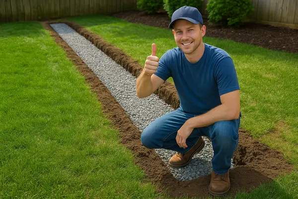 a french drain contractor squating giving a thumbs up from Dallas French Drain Installation in Dallas, TX - laying a french drain a french drain contractor squating giving a thumbs up from Dallas French Drain Installation in Dallas, TX - laying a french drain